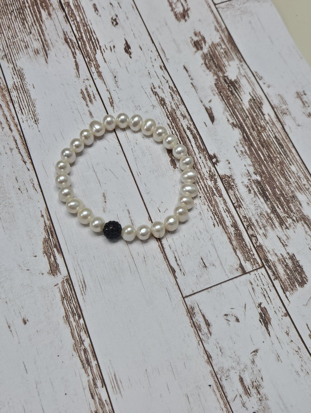 Freah Water Pearl Stretch Bracelet with Black Pave Accent